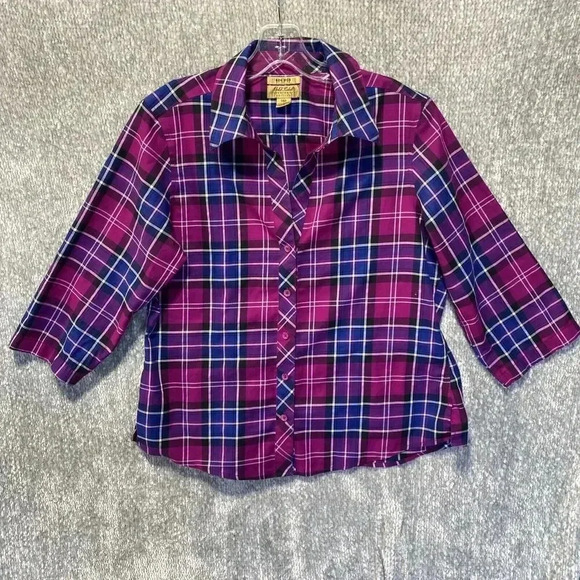 INVESTMENTS Gold Label Non-Iron Blouse 14P Women's Shirt Christine Purple Plaid - Picture 3 of 9